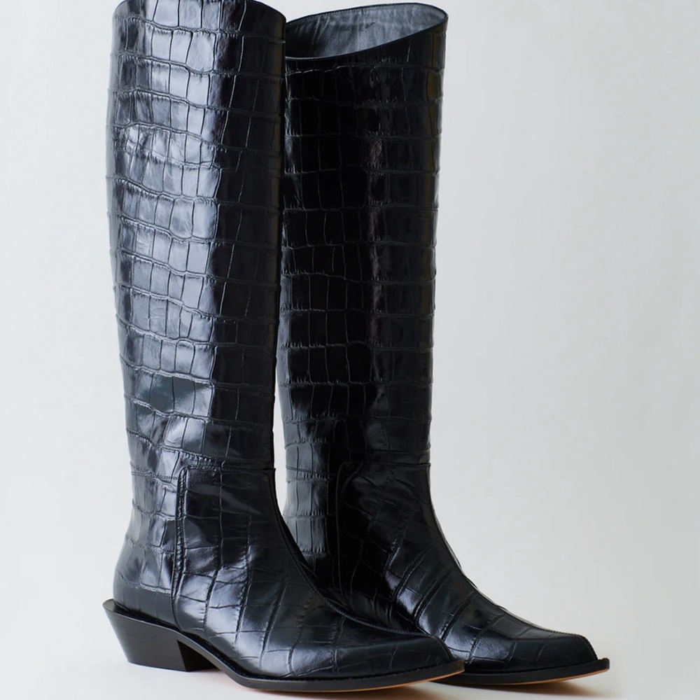 Tibi Black Croc-Embossed Knee-High Heeled Boots